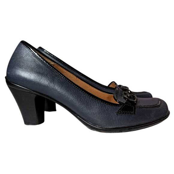 Sofft Rona Leather Comfort Heels in Navy Blue with Black Chain Detail Size 7.5 - Picture 3 of 7